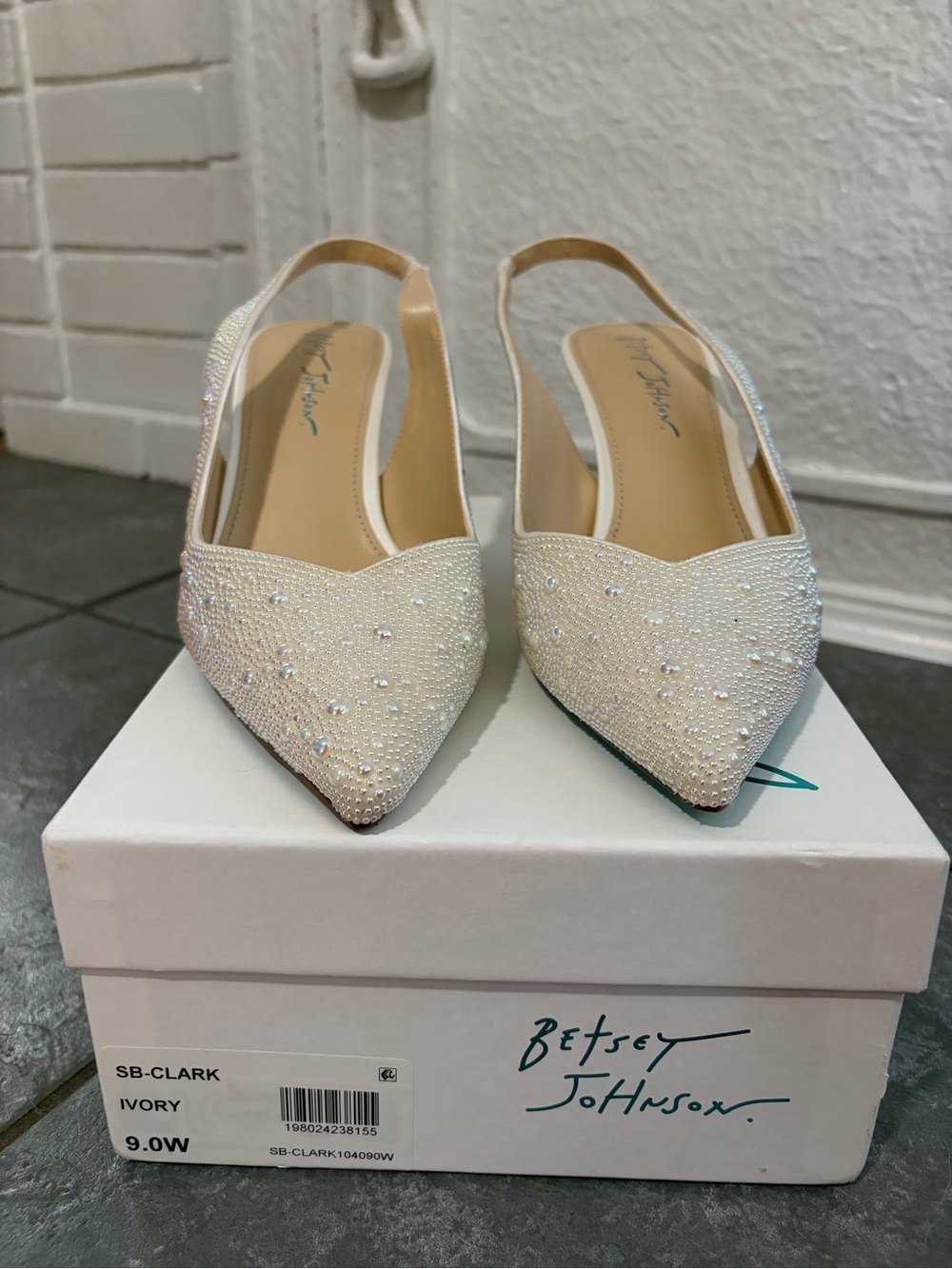 Betsey Johnson Ivory Pearl Beaded Slingback Pointed-Toe Flats